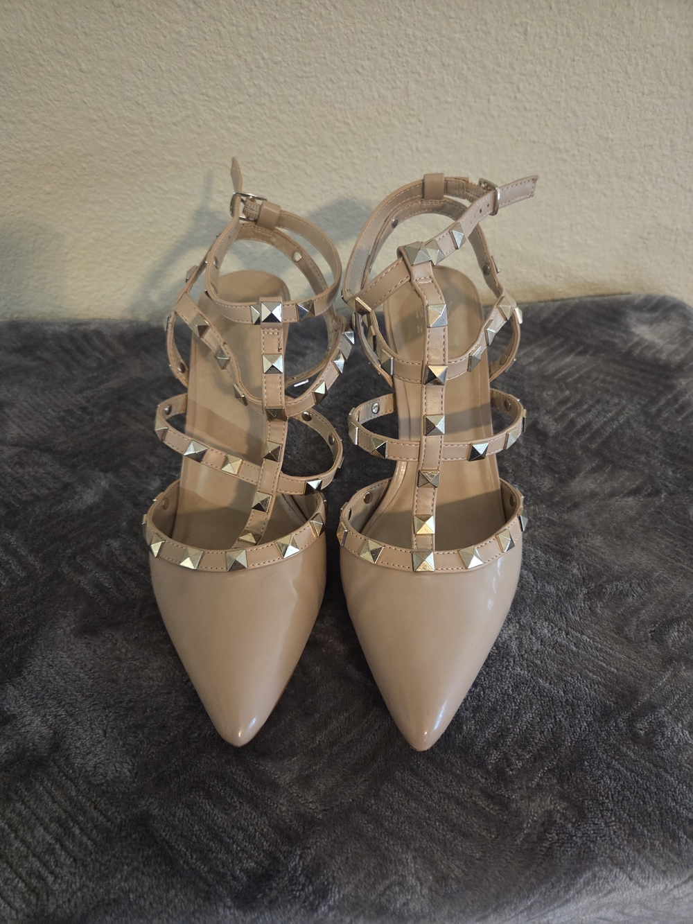 Mix NO. 6 Studded Strappy Pointed-Toe Flats - Nude, Size 8.5